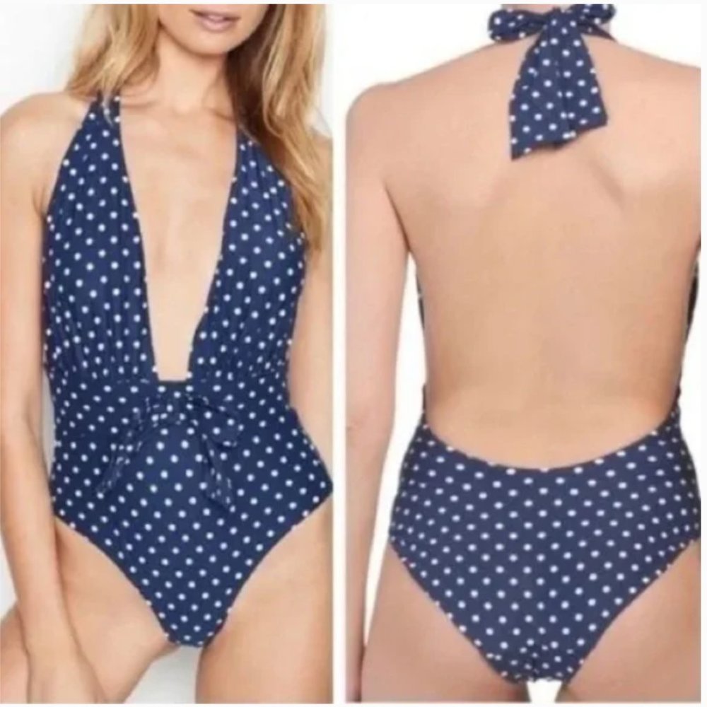 WeWoreWhat Navy Polka Dot Halter One-Piece Swimsuit
